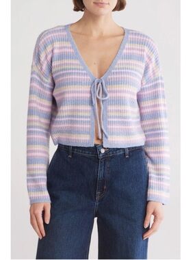 NYC Knits Striped Tie-Front Cropped Sweater Cardigan - Pastel Stripe